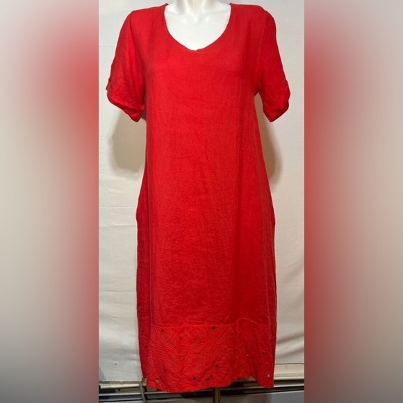 ROSEMARINE Sz 1X Dress 100% Linen Round Neck Sheath pockets Eyelet Hem Unlined - Picture 2 of 11
